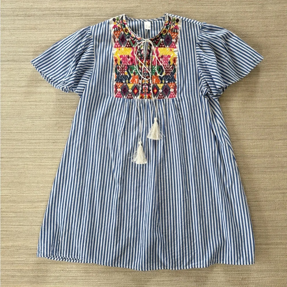 No brand blue striped embroidered flutter sleeve tunic mini dress‎ women’s L